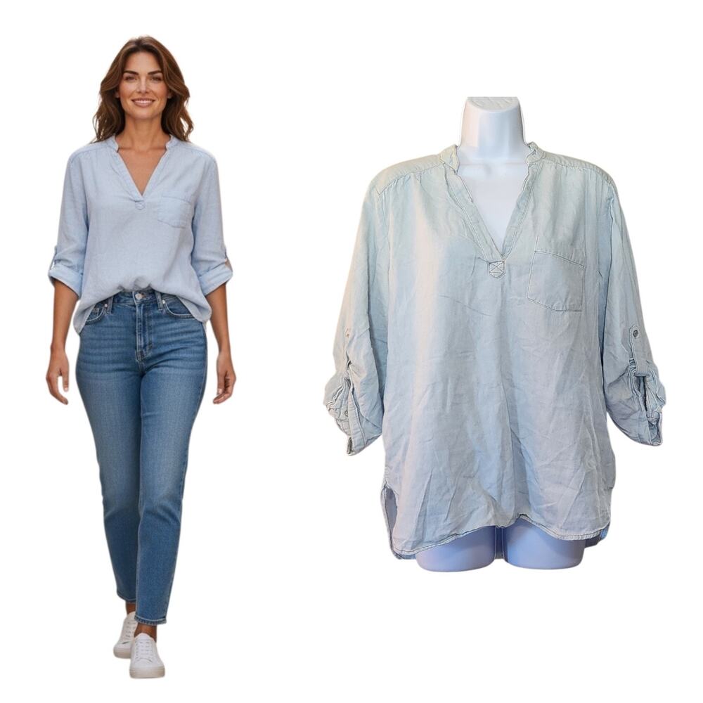 Takara Womens Popover Top Size XL Blue V-Neck 3/4 Roll Tab Sleeve Pullover